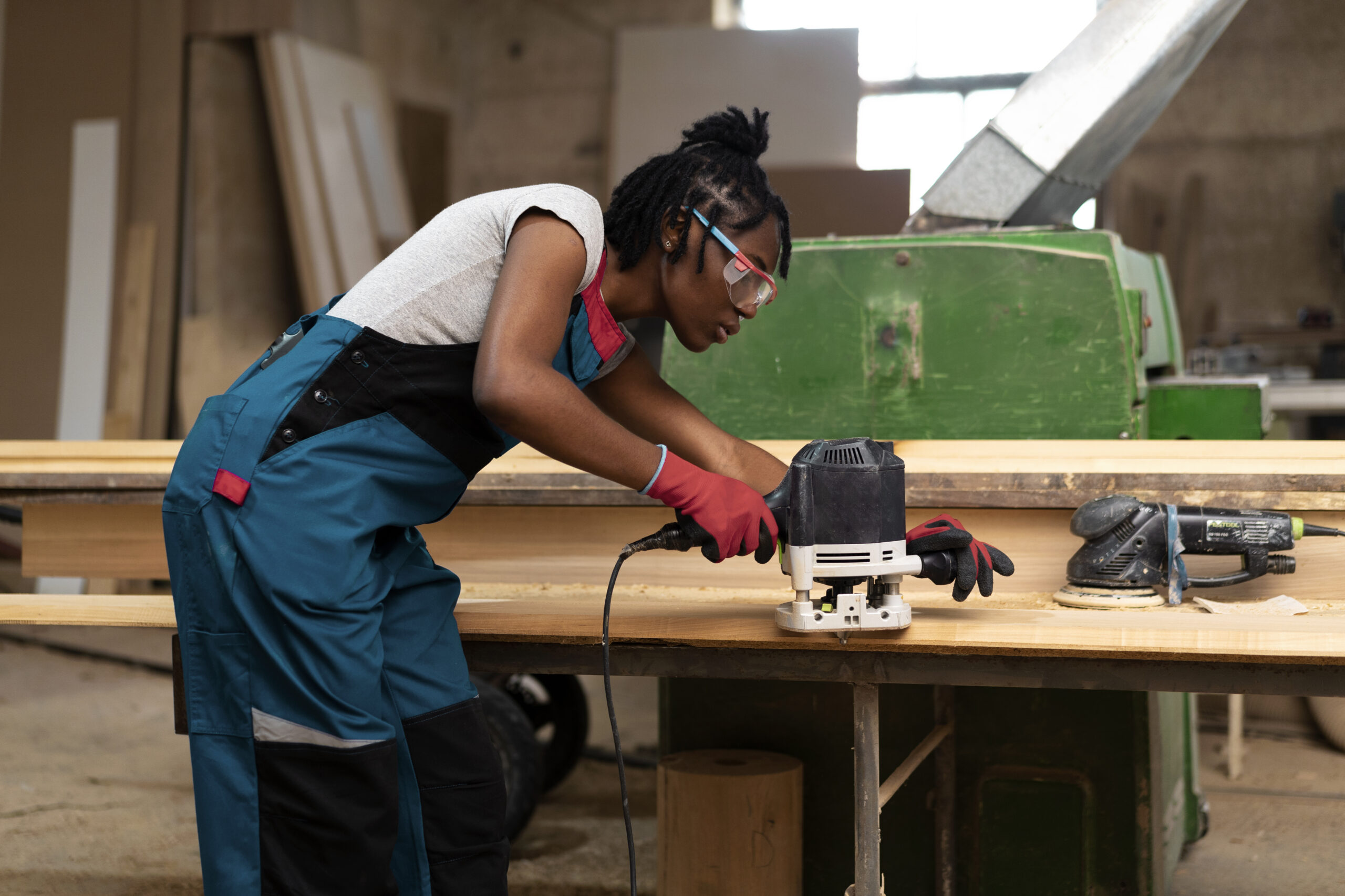 charpentier coupant le panneau de forces de defense principale a l interieur de l atelier